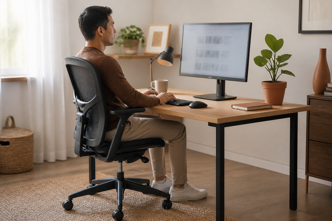 Home-office worker seated at a thoughtfully arranged desk with an external monitor, keyboard and mouse