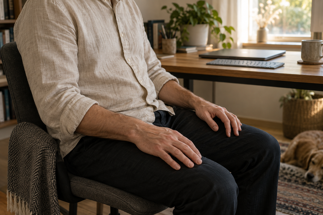 A seated adult resting both hands on their thighs, away from a keyboard and closed laptop on the desk.
