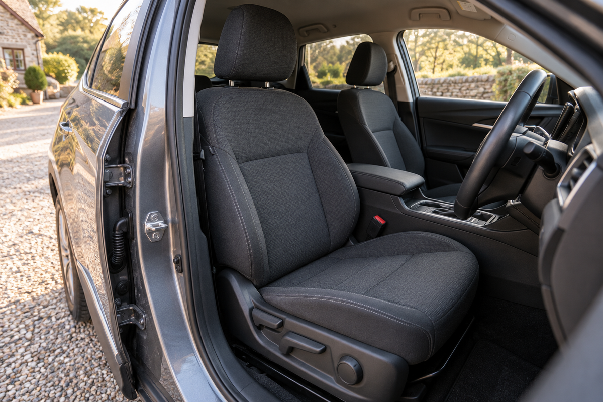 Empty charcoal driver seat with side adjustment controls, viewed through the open door of a parked car.