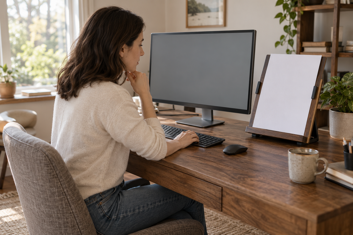 A woman referring to a blank sheet on a wooden document holder beside a monitor, with a separate keyboard and mouse.