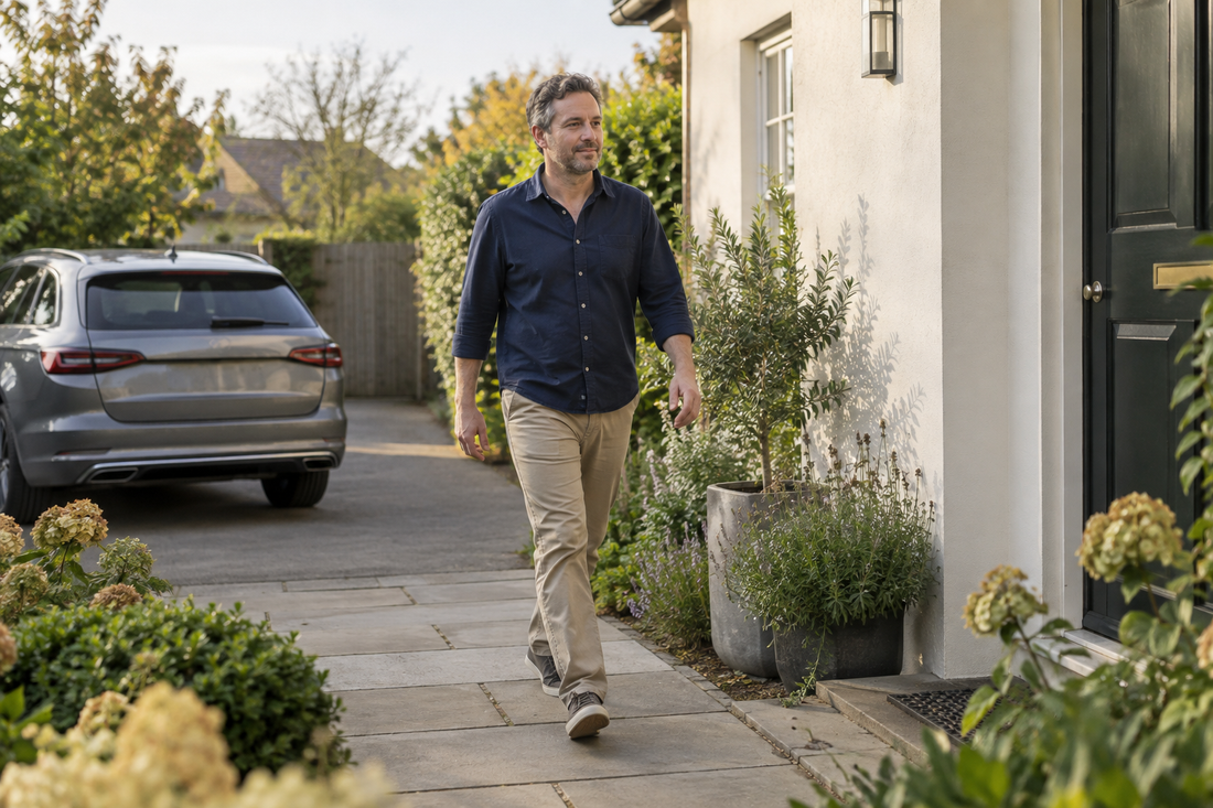 A man walking toward his front door with a parked grey car behind him on the driveway.