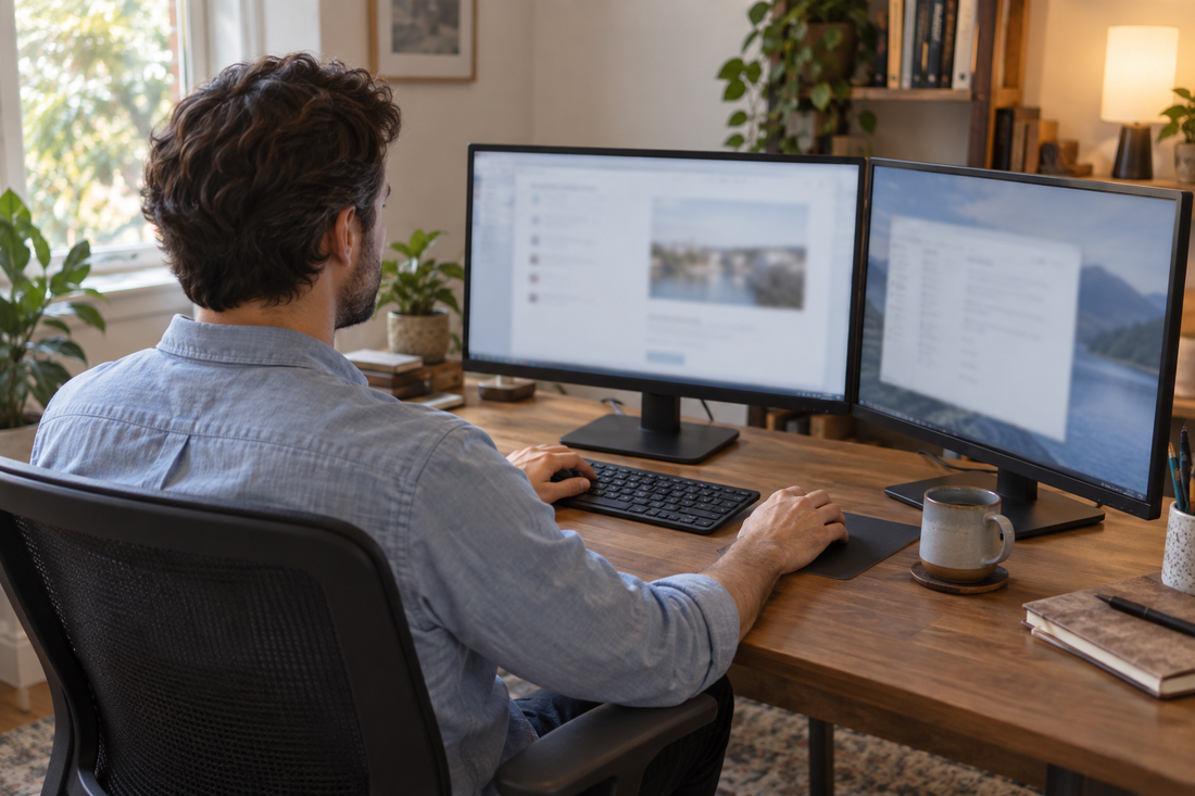 A man seated at a desk with a main monitor in front of him and a second monitor angled beside it.