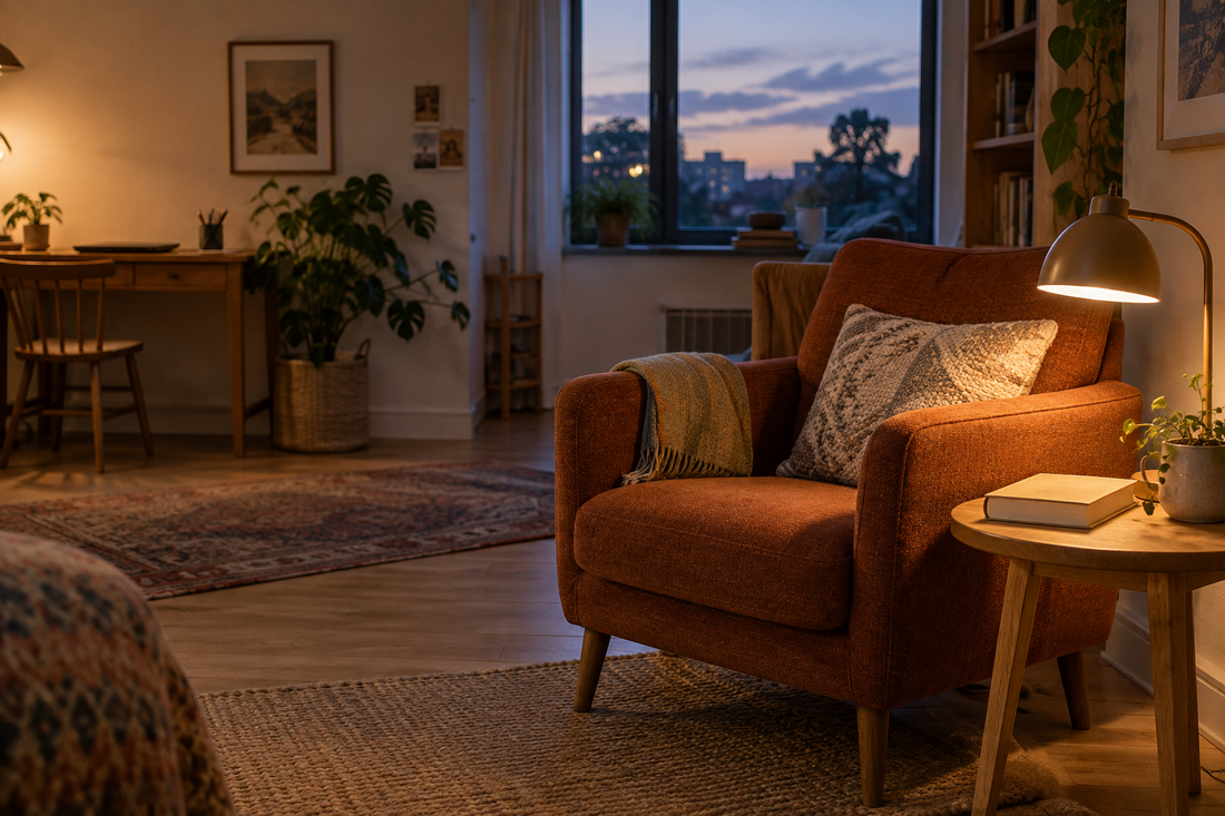 An empty rust-coloured armchair beside a lit reading lamp and closed book, with a separate work desk in the background at dusk.