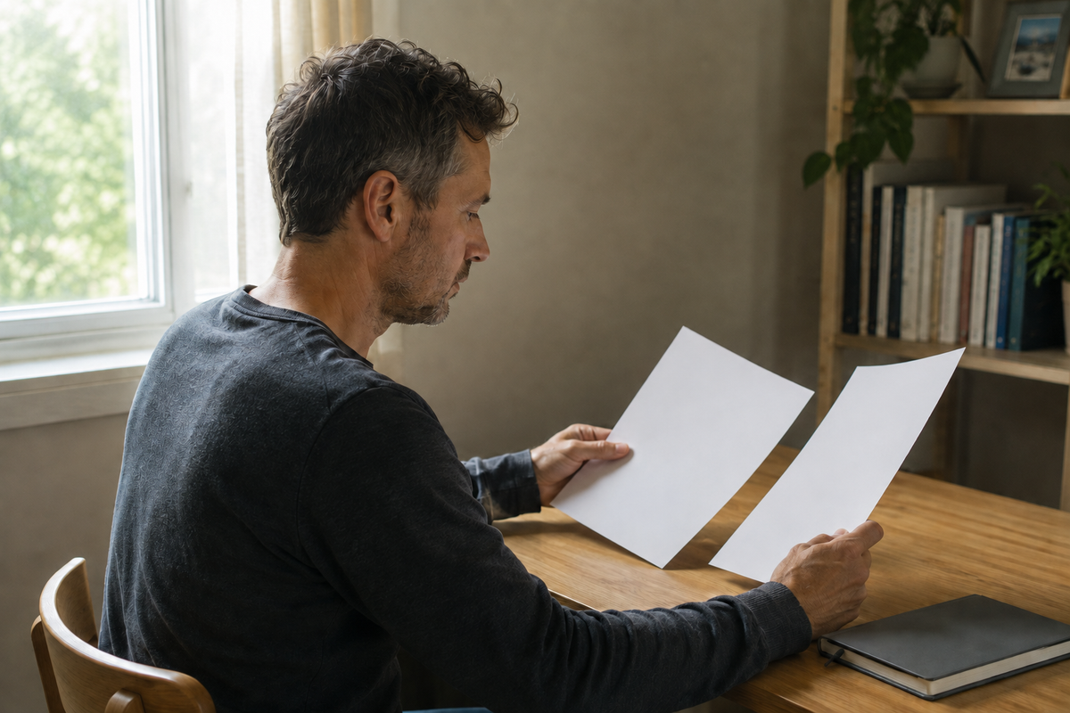 Editorial illustration of a man comparing two sheets of paper at a home desk beside a window.