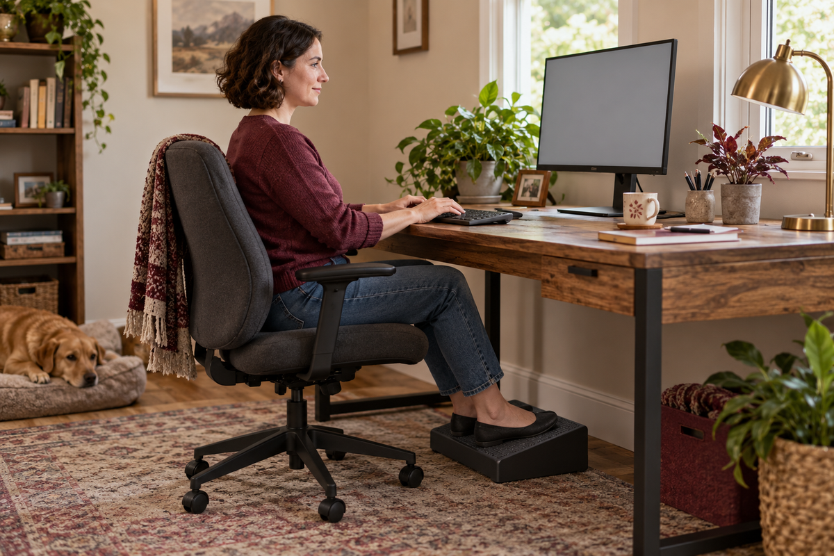 A woman using a separate keyboard at a wooden desk, with both feet supported on a low broad footrest.