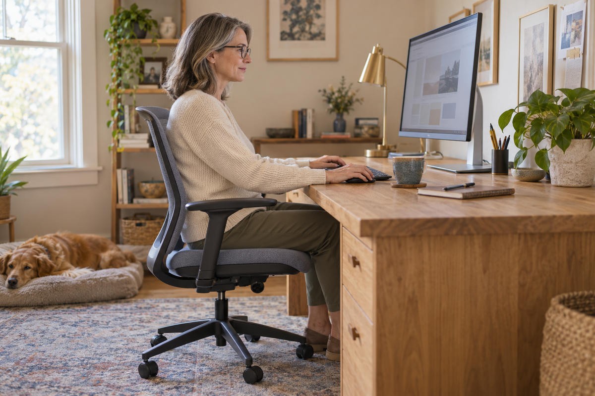A woman wearing glasses reads a desktop monitor while using a separate keyboard at a wooden home-office desk.