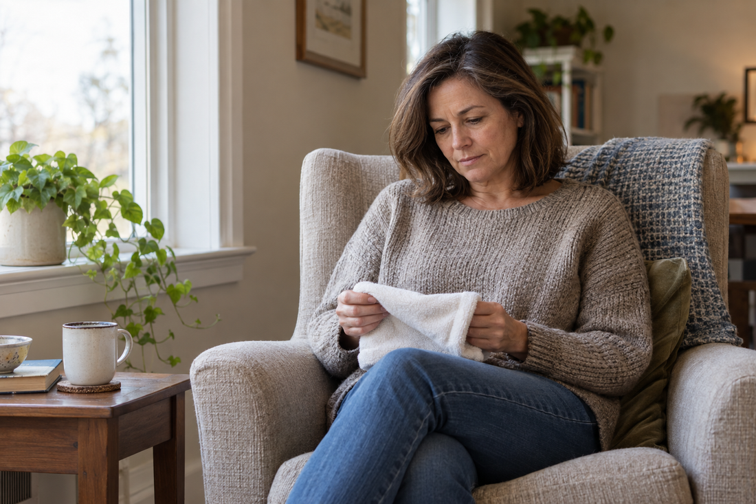 Editorial illustration of a woman holding a folded cotton cloth while seated in an armchair beside a window.