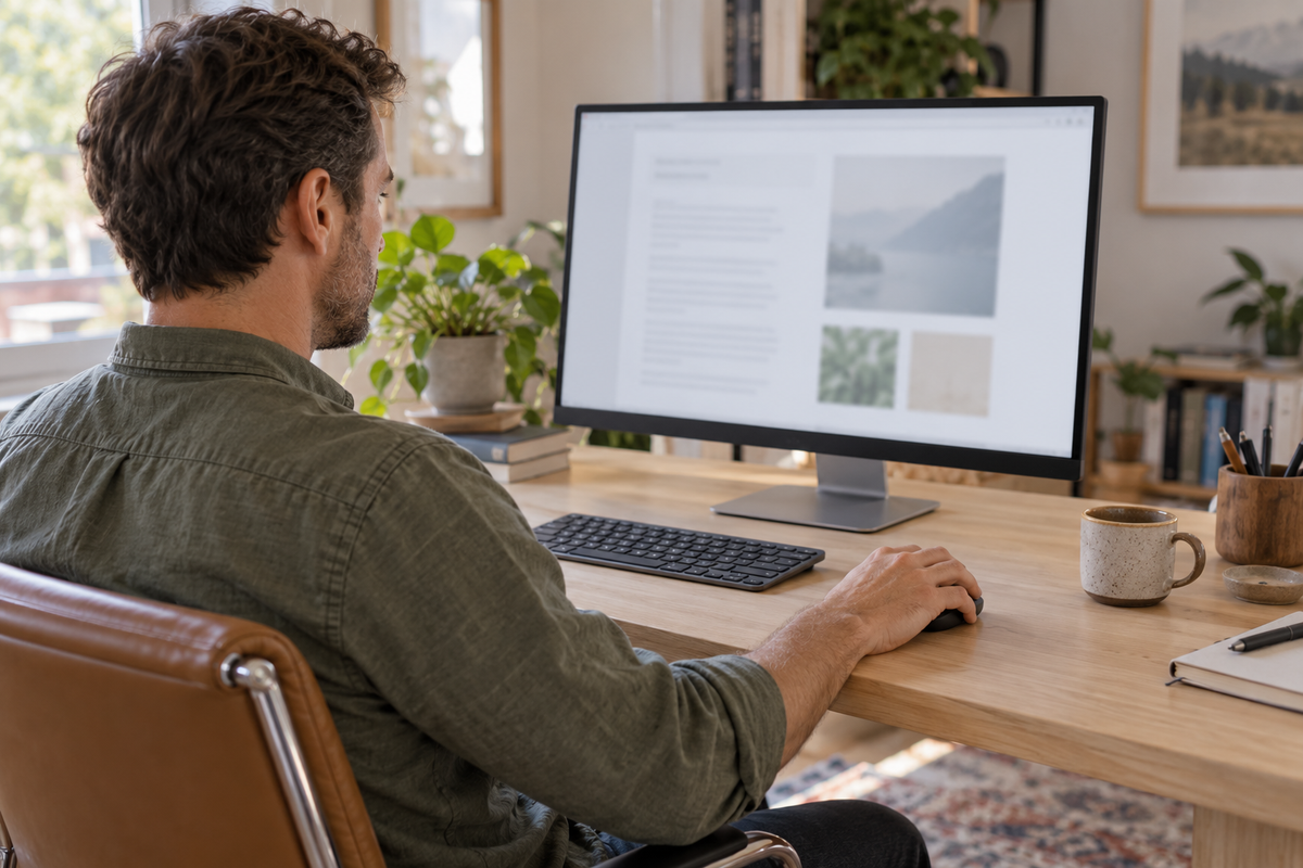 A man uses a wireless mouse beside a compact keyboard while looking at a desktop monitor.