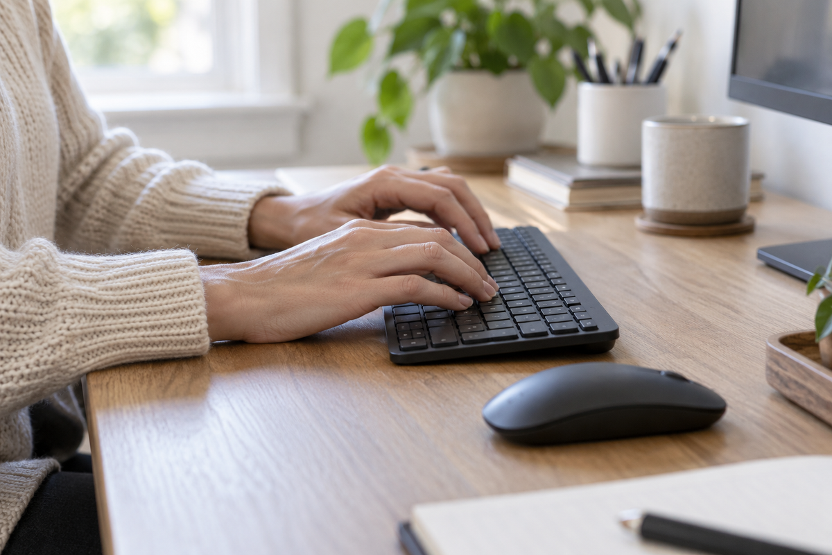A woman uses a compact keyboard while a wireless mouse rests unused beside it.