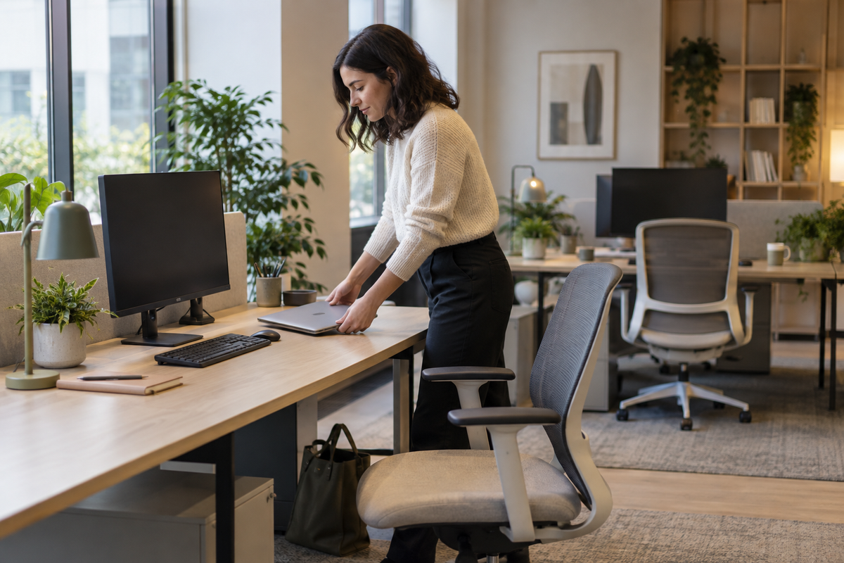 A worker places a closed laptop on a shared office desk beside a monitor, with an adjustable chair and another workstation nearby.