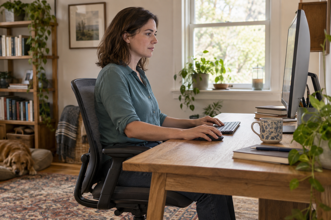 Woman seated at a home-office desk using a mouse beside a compact keyboard, with her upper arms close to her torso.