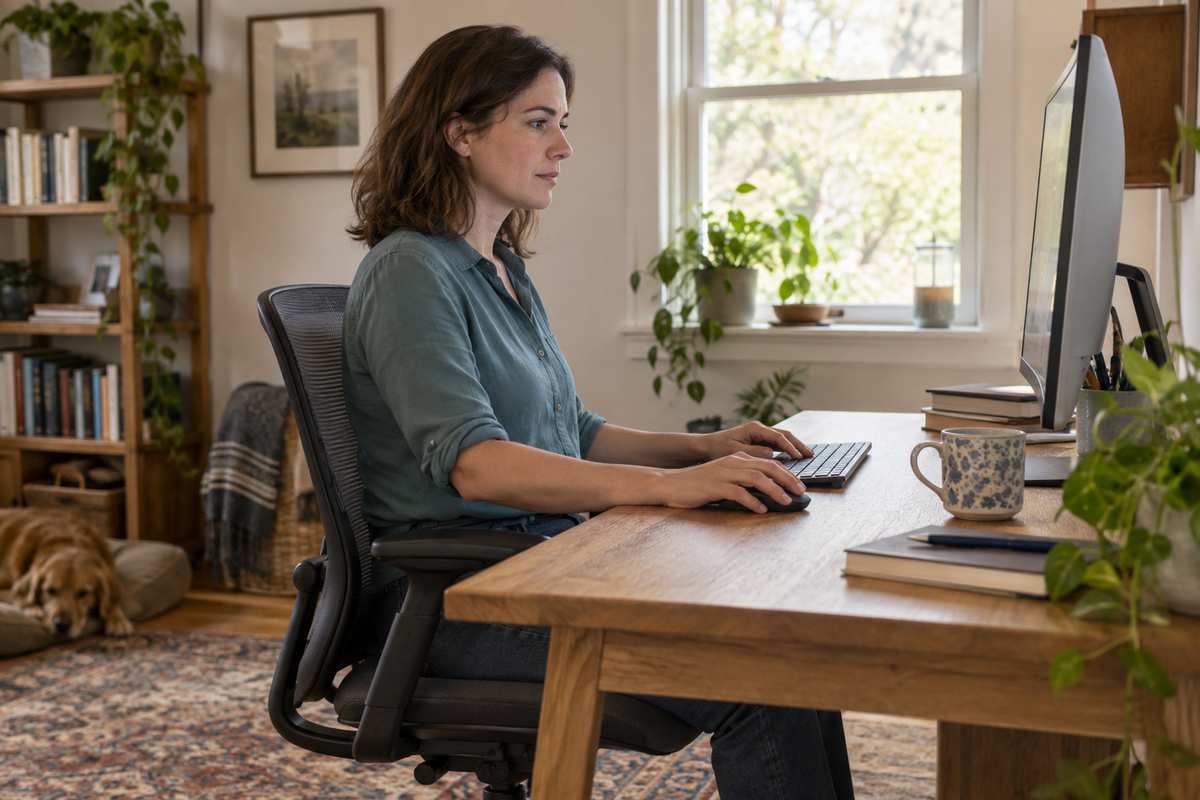 Woman seated at a home-office desk using a mouse beside a compact keyboard, with her upper arms close to her torso.