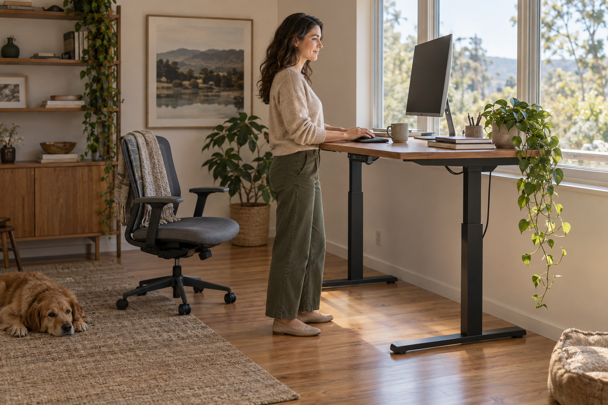 A woman working at a raised height-adjustable desk, with an office chair nearby for returning to sitting.