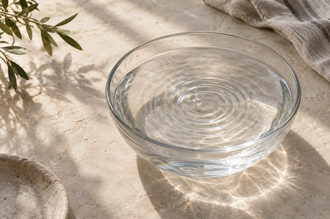 Concentric ripples in a clear glass bowl of water on a sunlit stone table, used as an editorial analogy for oscillation.