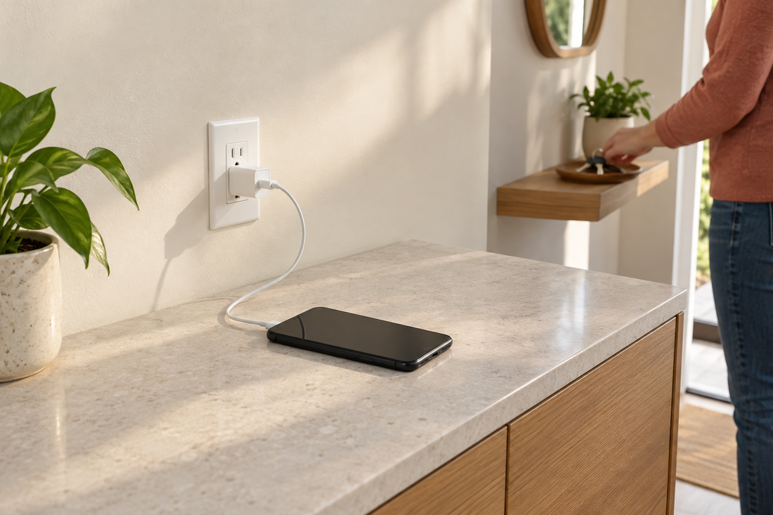 A smartphone charging on a clear stone console while an adult stands nearby in a daylight room.