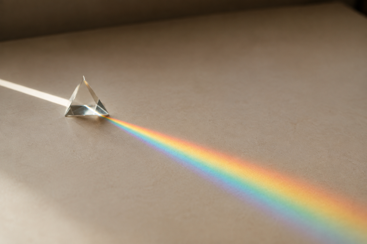 Editorial illustration of a glass prism spreading white light into a visible rainbow on a neutral surface.