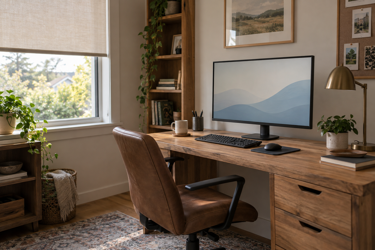 A home office monitor beside a window with a partially lowered fabric blind, separate keyboard and mouse.