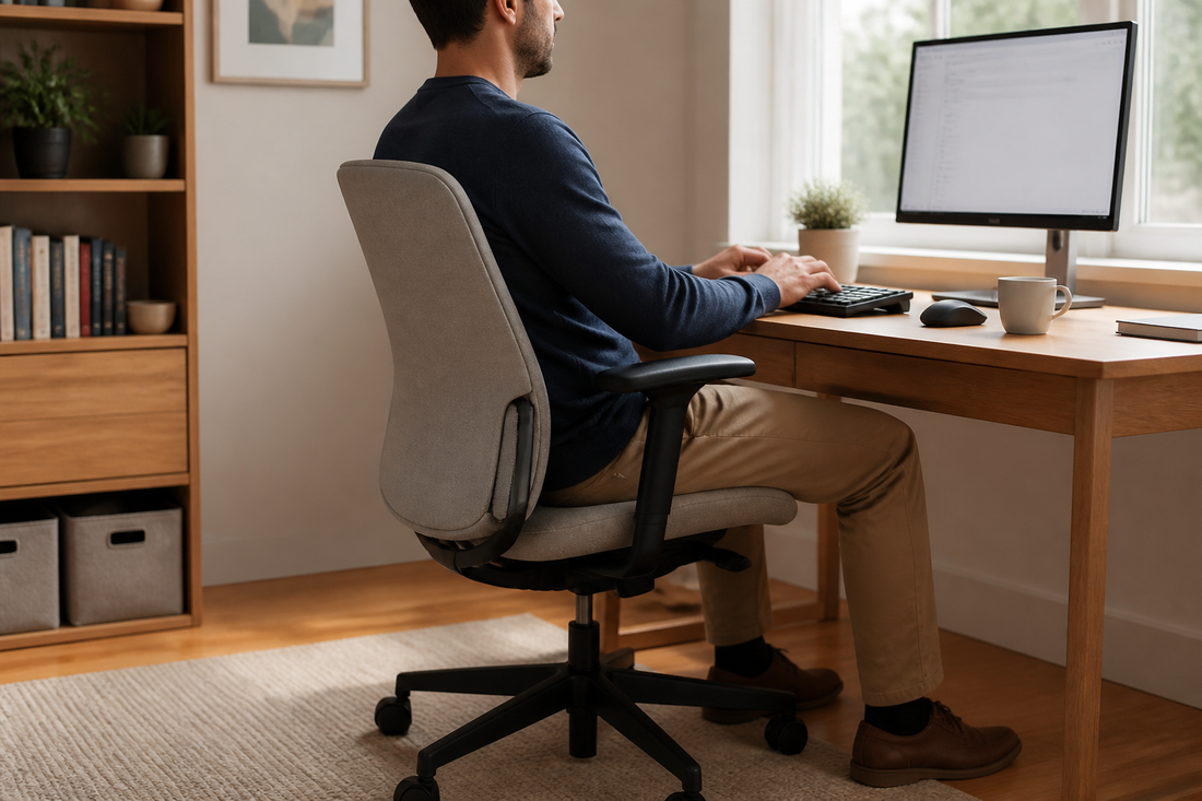 Home-office worker seated with the lower back supported by a curved adjustable chair backrest