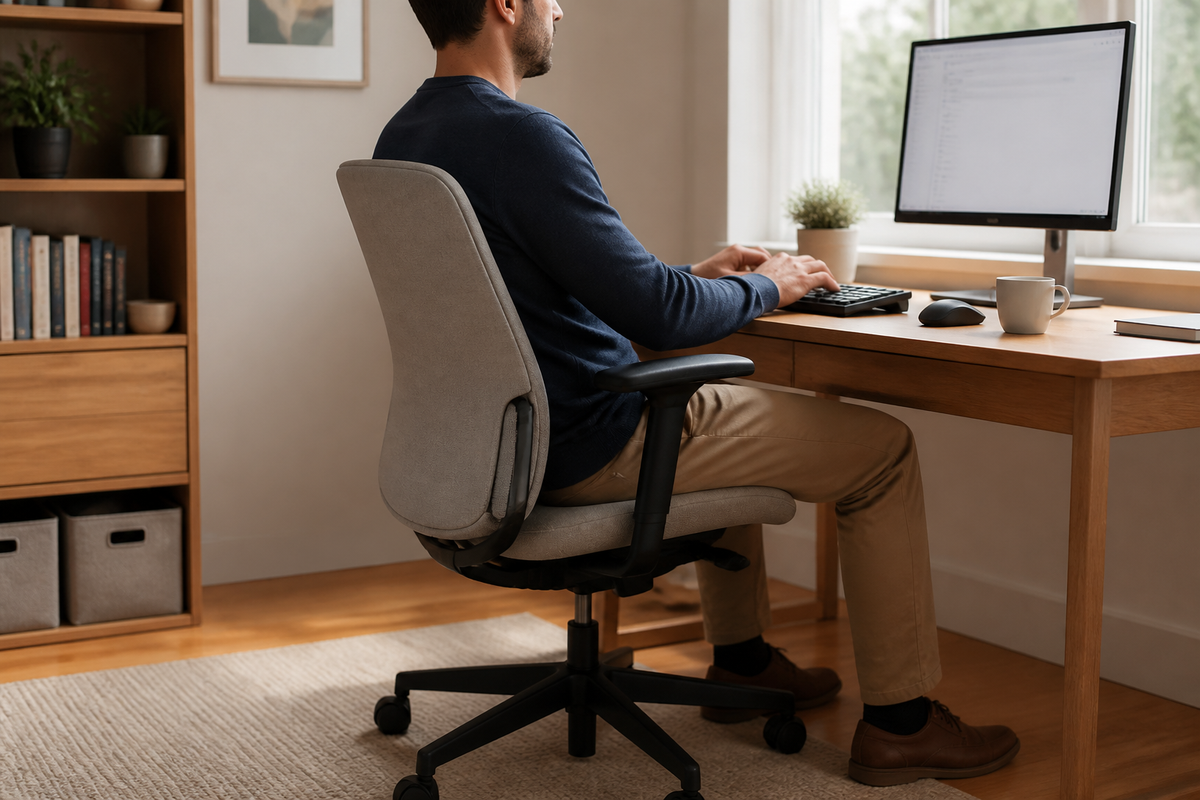Home-office worker seated with the lower back supported by a curved adjustable chair backrest