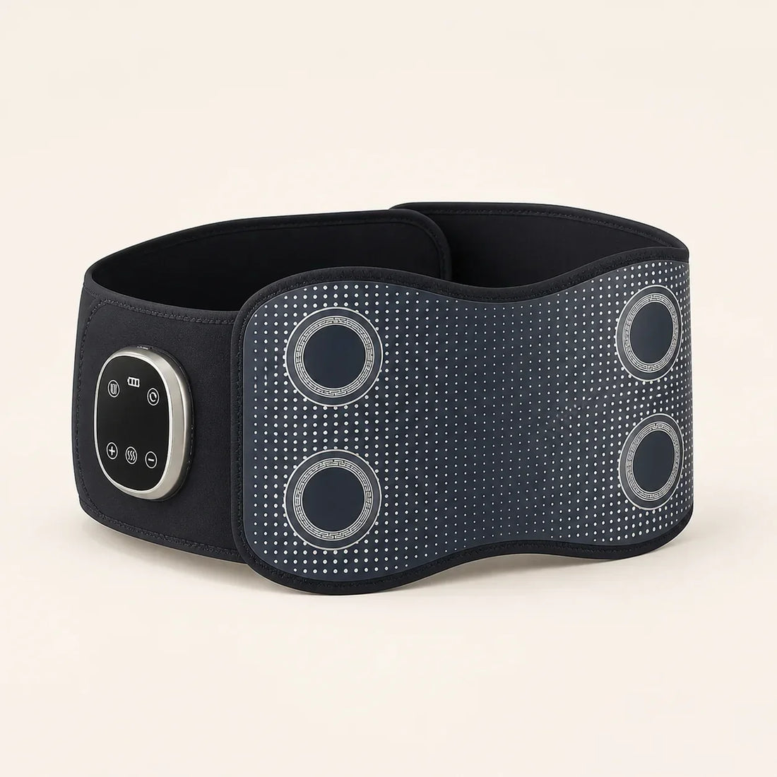 Dark grey ThermoLuma Back Support showing the wide lumbar panel, four circular working areas and integrated controller.