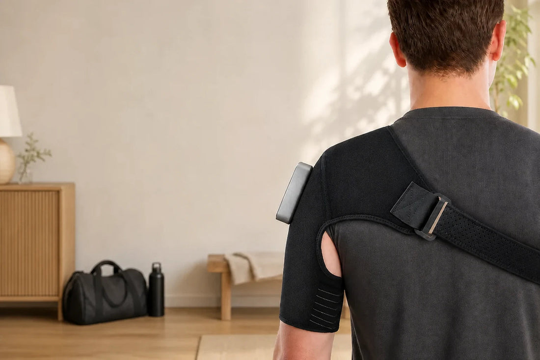 ThermoLuma Shoulder Wrap worn over the shoulder after training