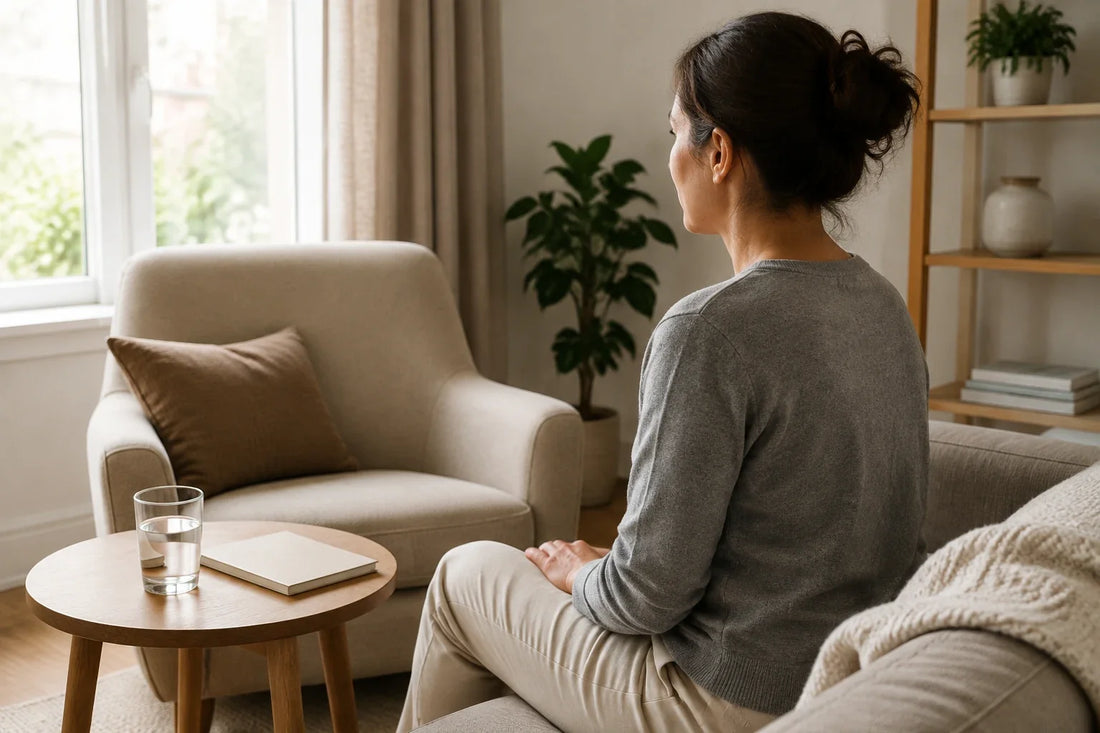 Adult preparing for a calm seated comfort routine in a warm home setting