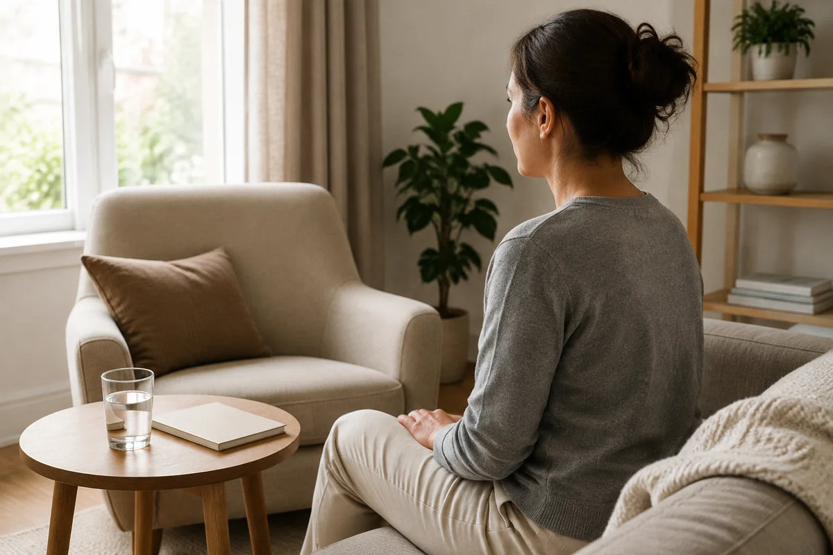 Adult preparing for a calm seated comfort routine in a warm home setting