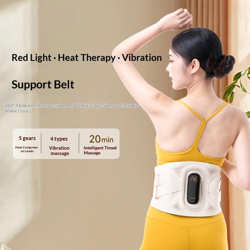 Model wearing the ThermoLuma Back Support with supplier feature callouts