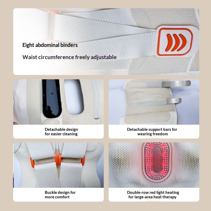 Back Support detail collage showing straps, controller, stays, and red lights