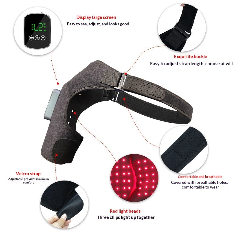 Shoulder Wrap feature graphic showing display, strap, fabric, and red LEDs