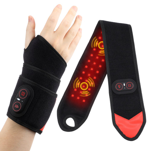 ThermoLuma Wrist Wrap worn and laid flat with red-light and heat illustration
