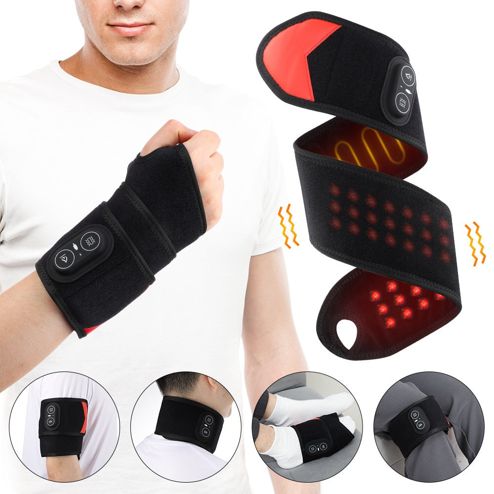 Wrist Wrap worn on the wrist with light, heat, and placement illustrations