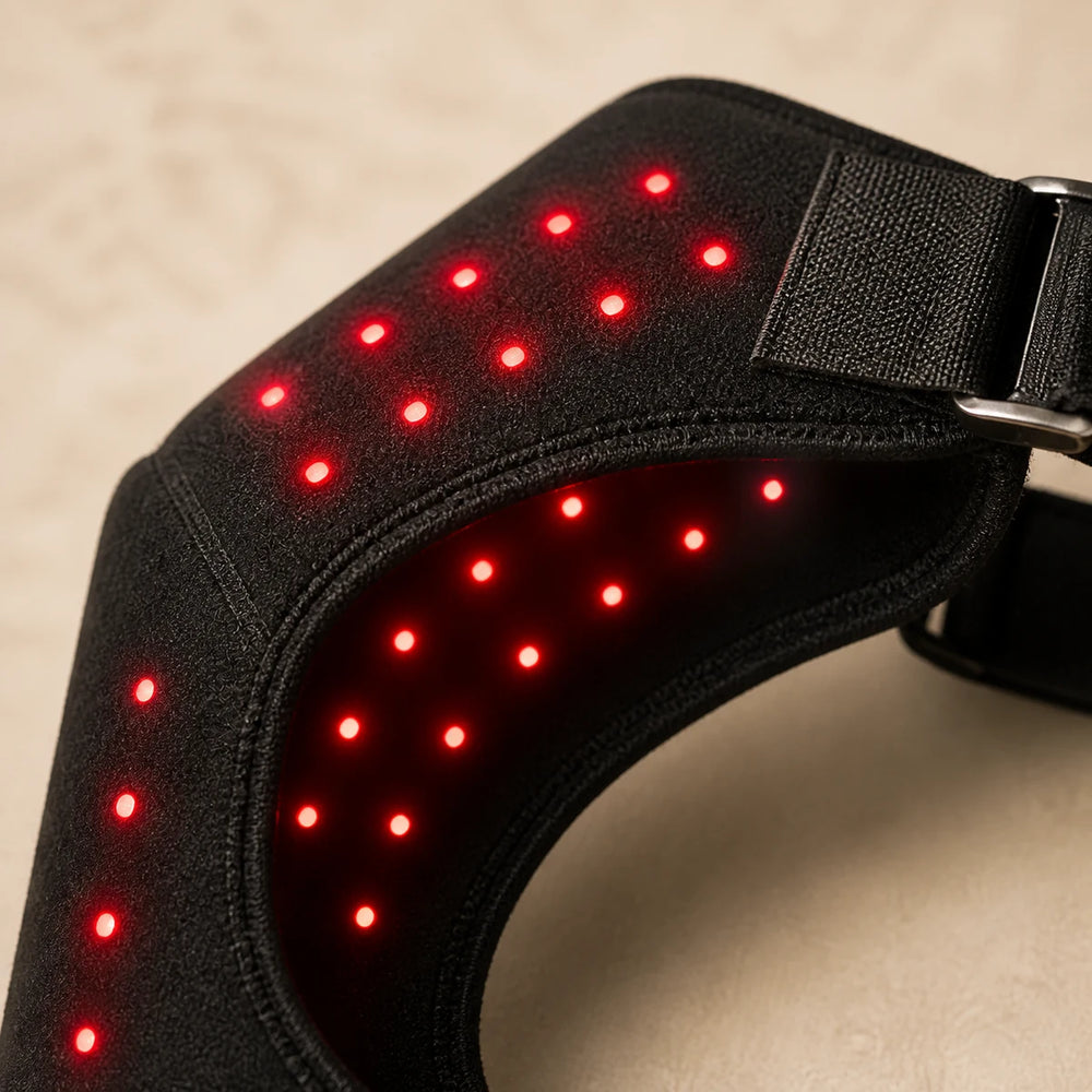 Close view of illuminated red LEDs in the ThermoLuma Shoulder Wrap