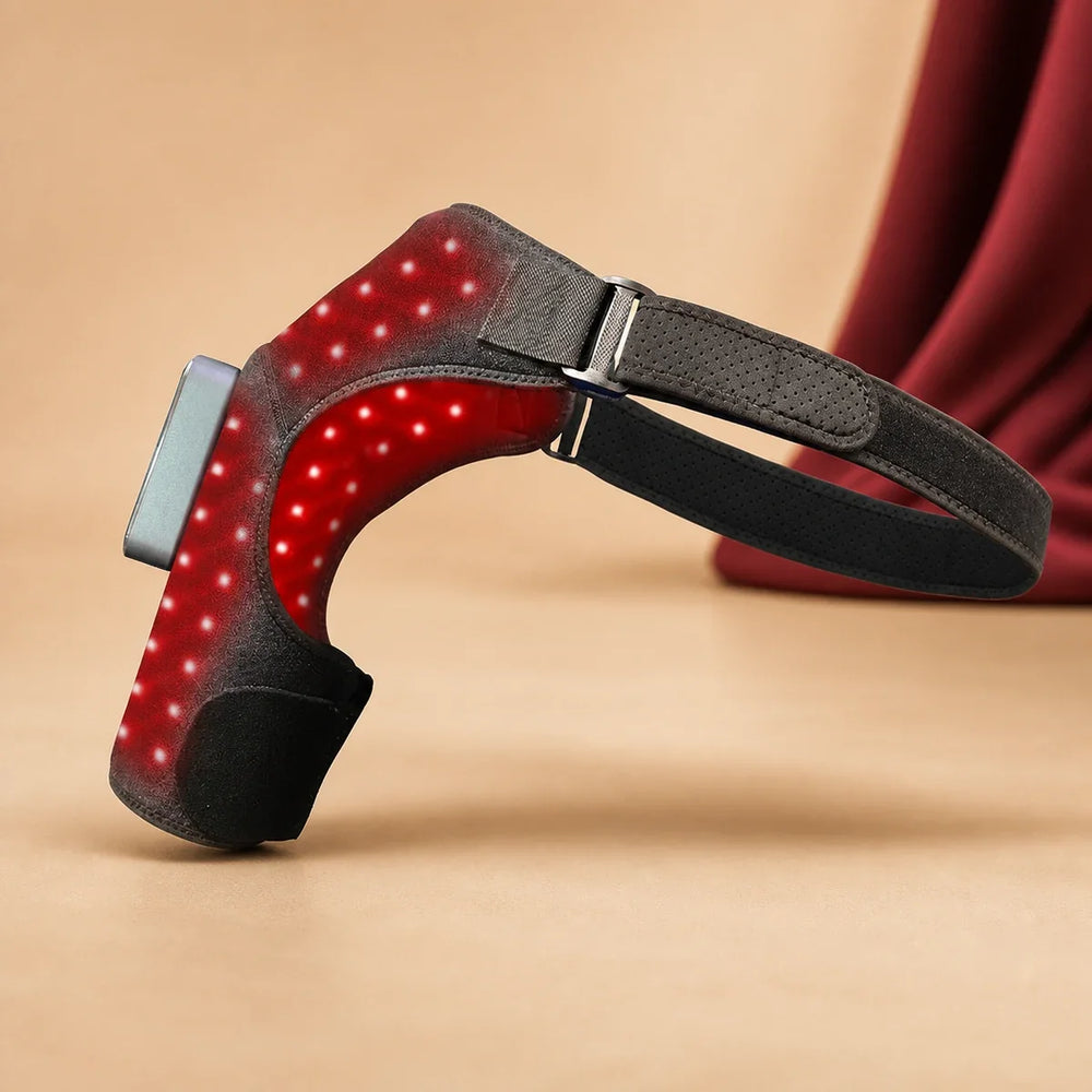 ThermoLuma Shoulder Wrap with red LEDs illuminated on a warm neutral background.