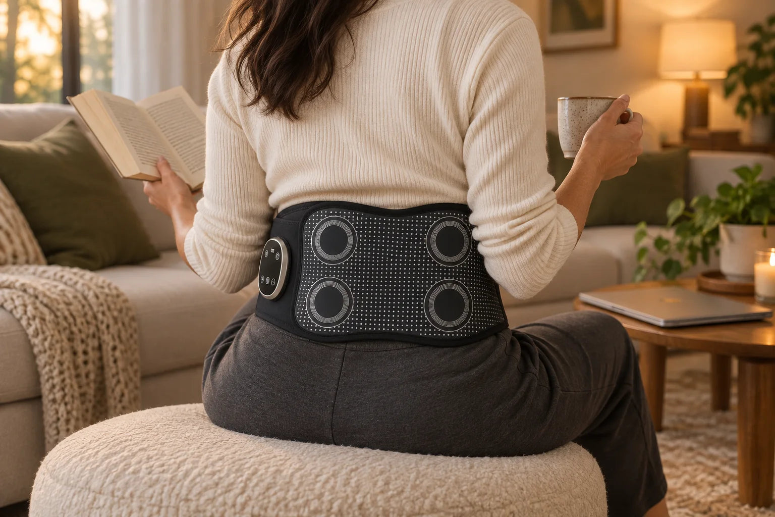 Seated break with Back Support, a book and a cup.