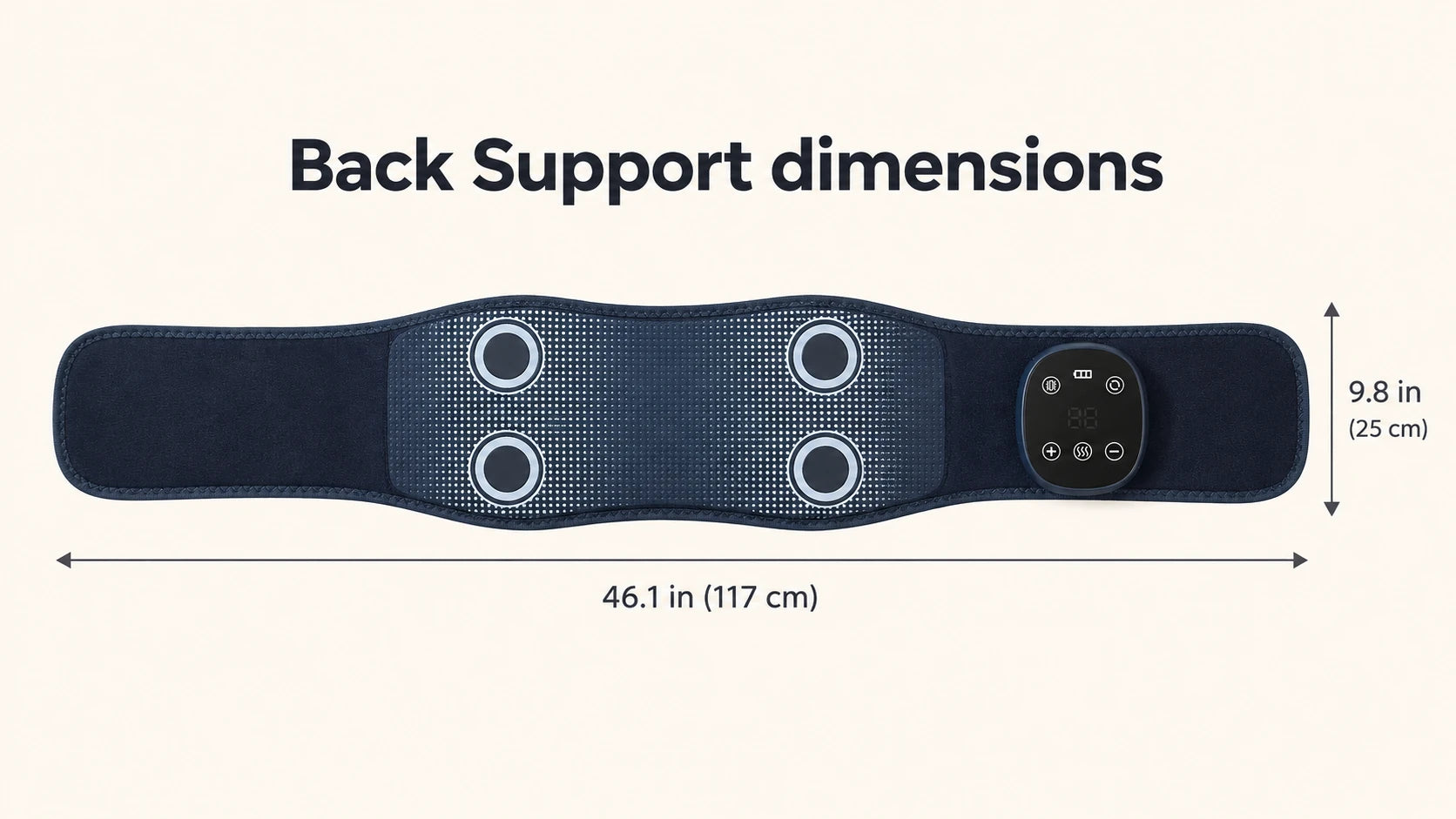 Back Support laid flat: overall length 46.1 inches (117 cm), width 9.8 inches (25 cm).