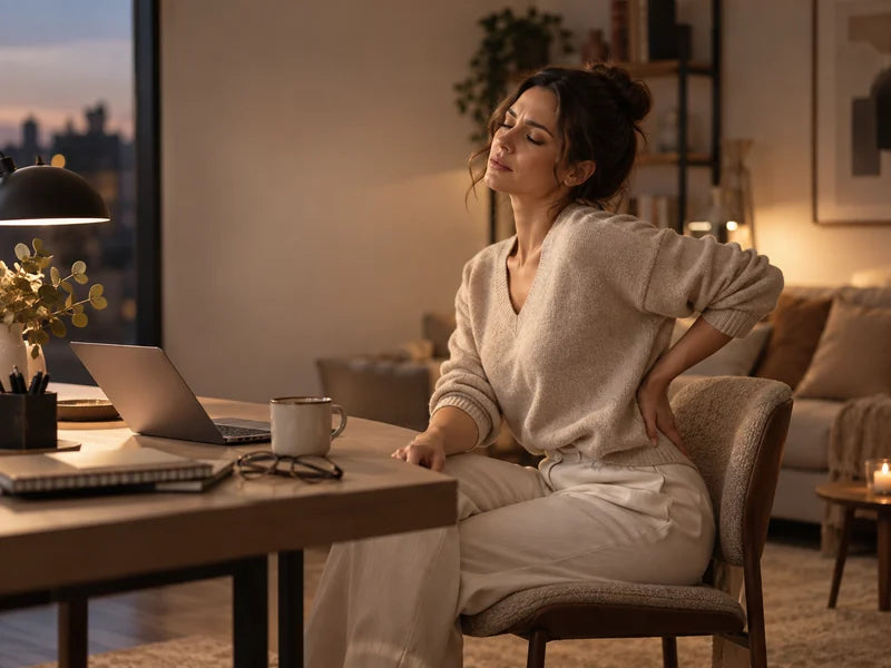 A woman shifts in her chair beside a laptop at the end of an evening desk session.