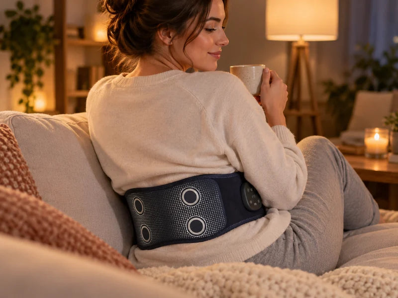 A woman sits on a sofa with a mug, wearing Back Support across her lower back.